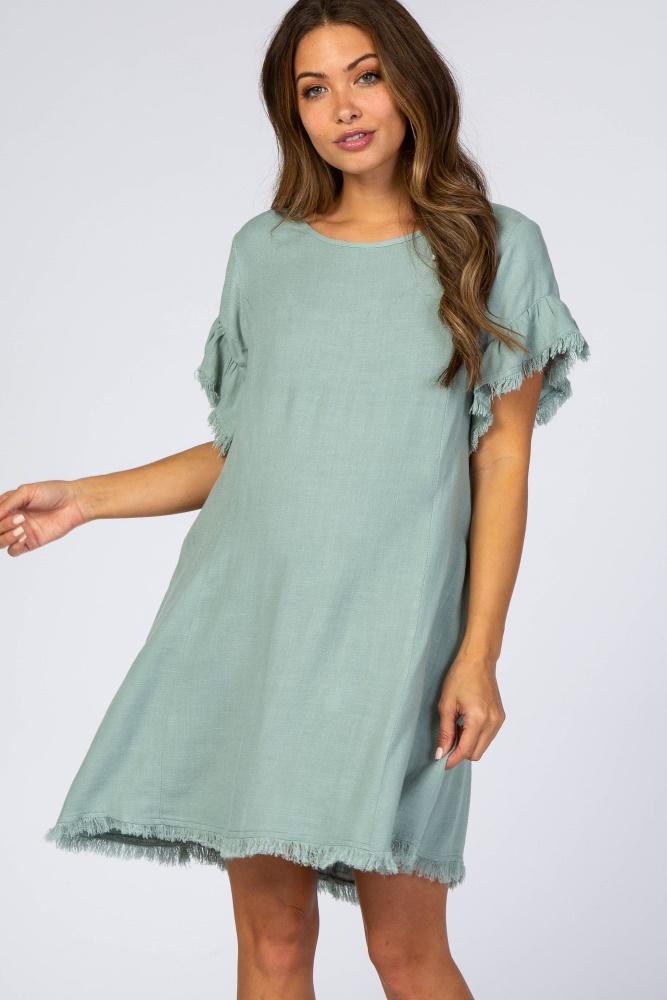 mint green frayed trim back keyhole linen maternity dress