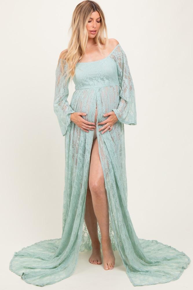 mint lace long sleeve off shoulder slit draped maternity photoshoot dress