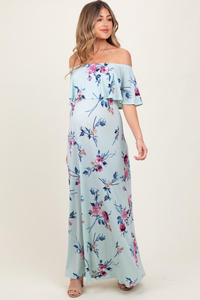 mint off shoulder floral ruffle maternity maxi dress