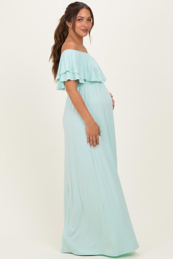 mint ruffle off shoulder maternity maxi dress