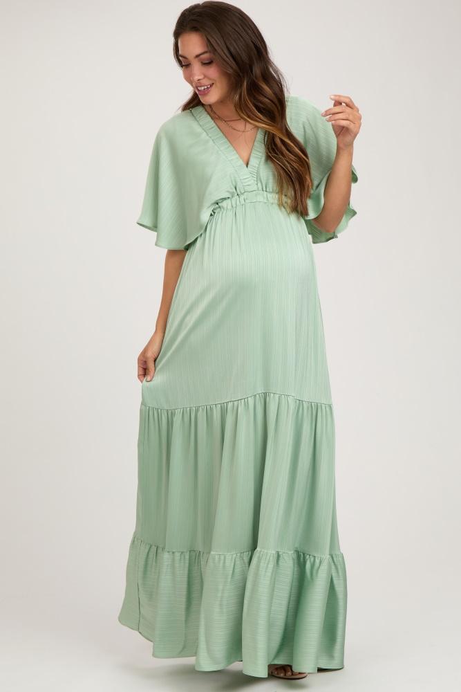 mint v-neck flutter sleeve tiered maternity maxi dress