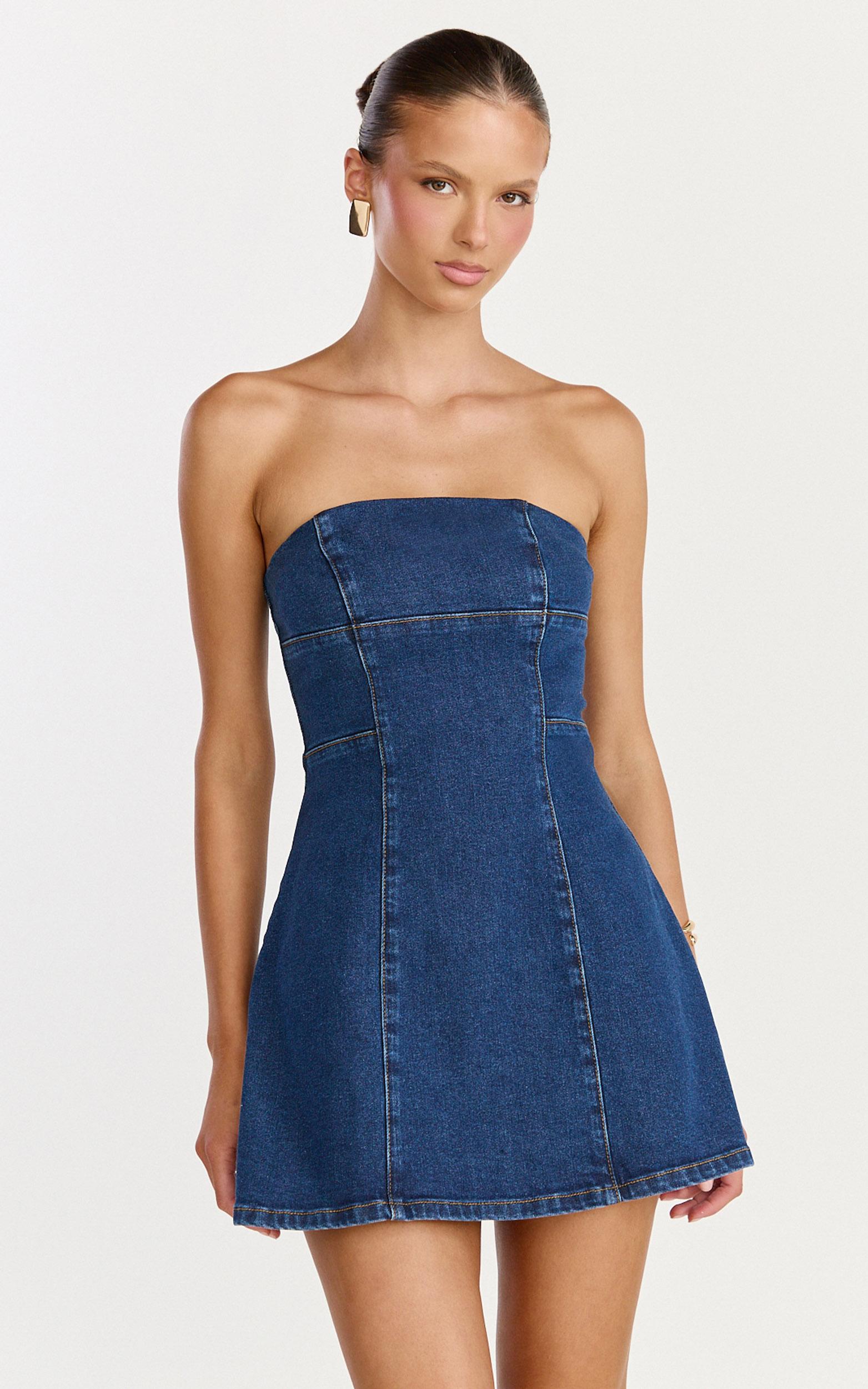 mirabel mini dress - denim strapless a line mini dress in dark mid blue wash