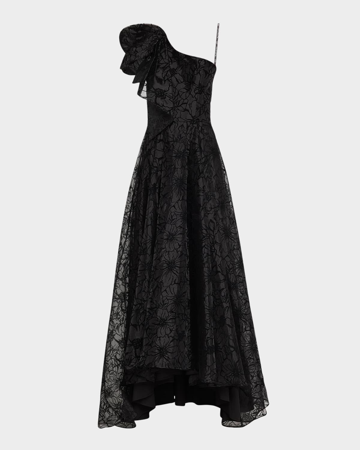 mirabella one-shoulder flocked organza gown