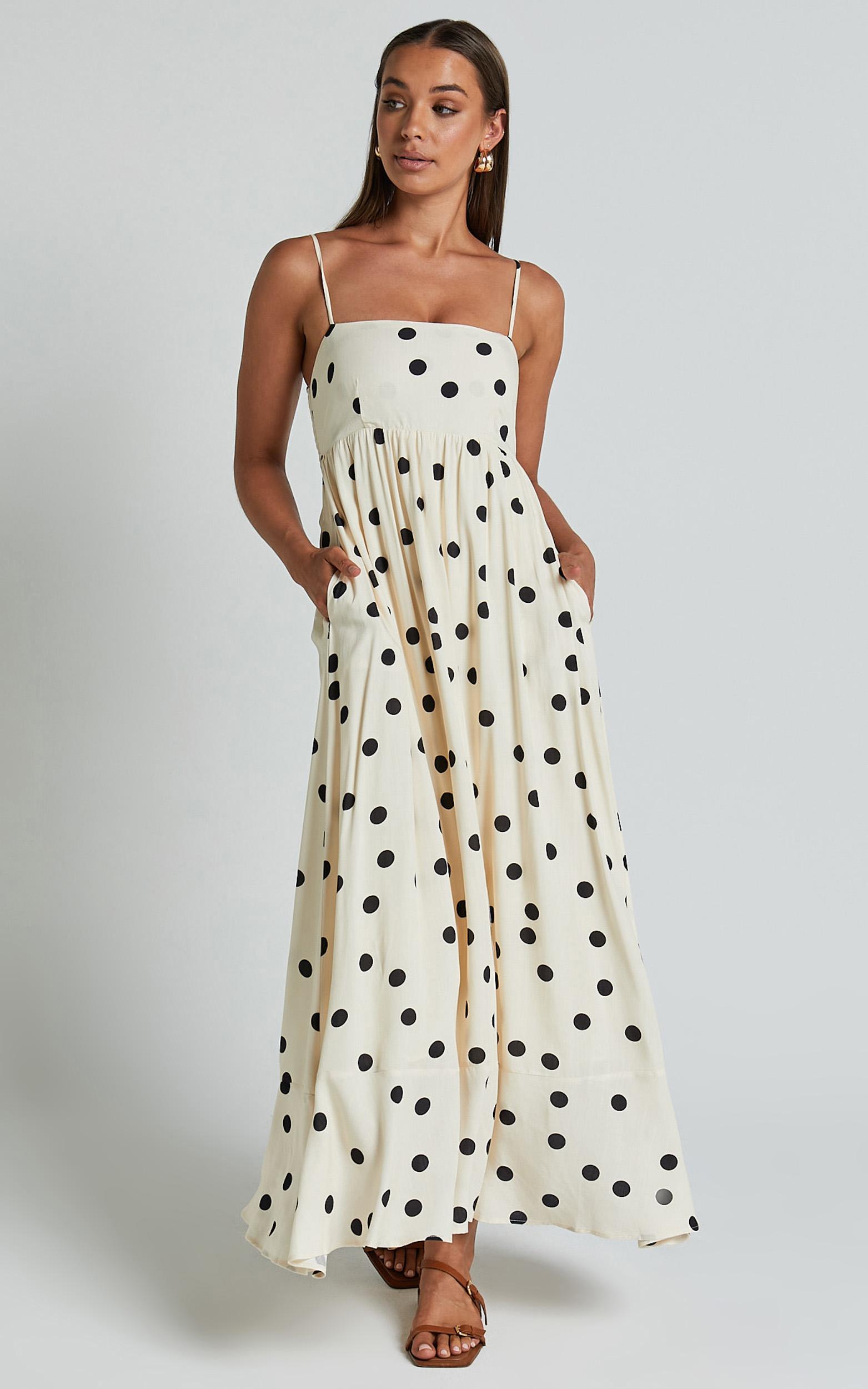 miriam midi linen blend dress - strappy straight neck a line dress in beige & black spot