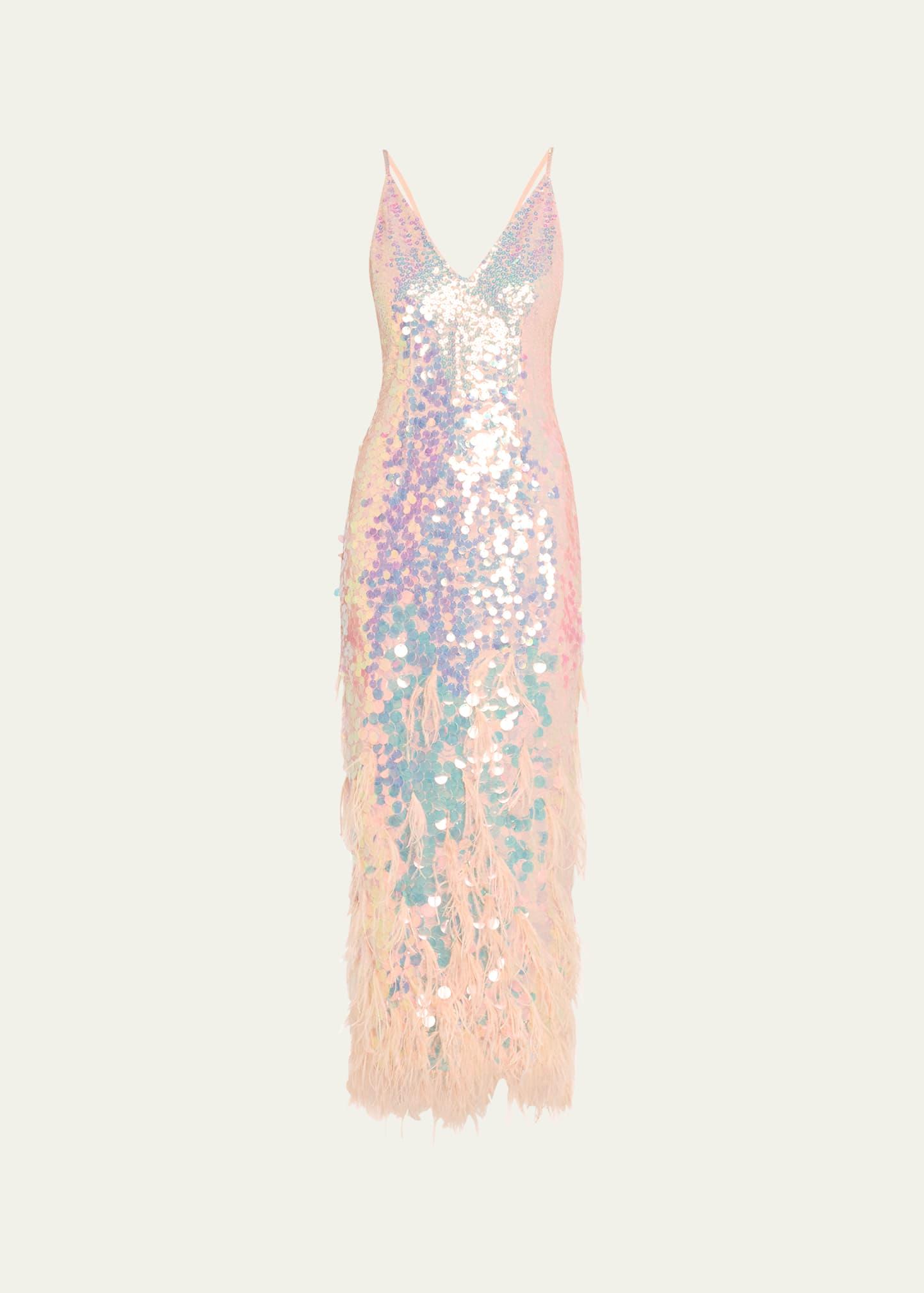 miriana iridescent sequined midi dress with feathers