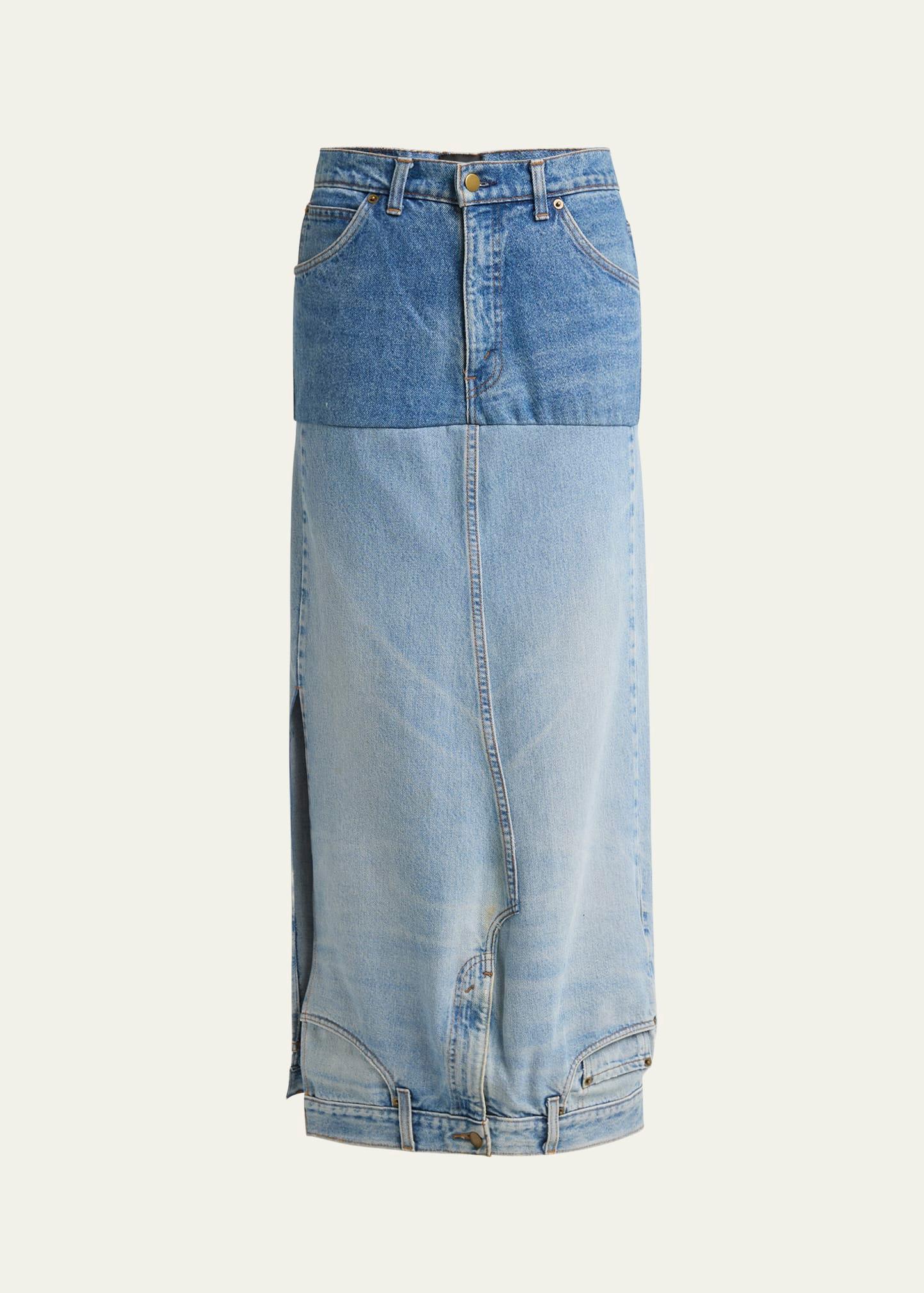 mirror-effect recycled denim maxi skirt