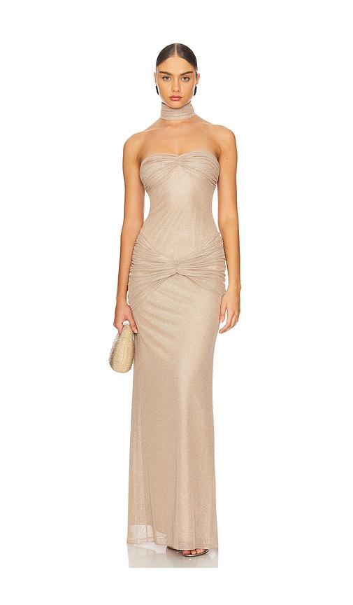 mirror palais the starlite gown in beige.
