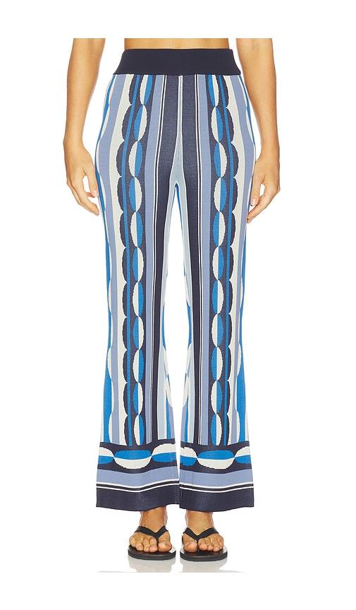 misa los angeles marla pant in bluegeo stripe knit in blue.