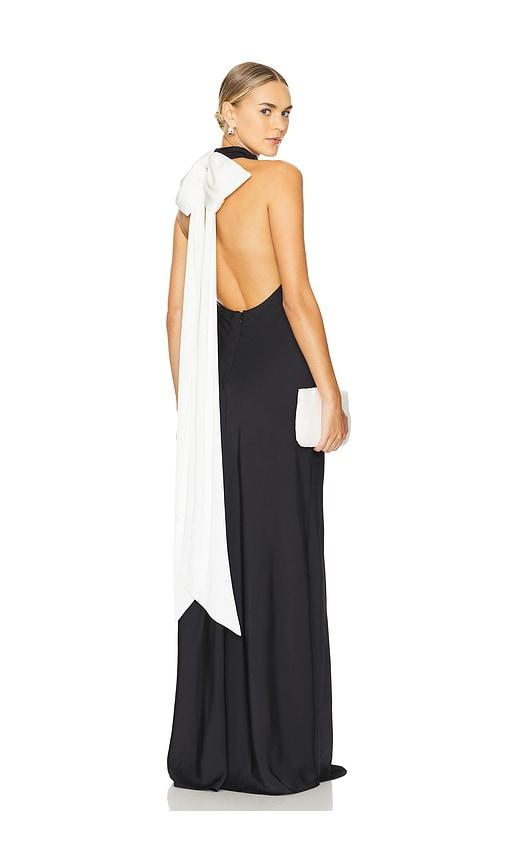 misha evianna satin gown in black.