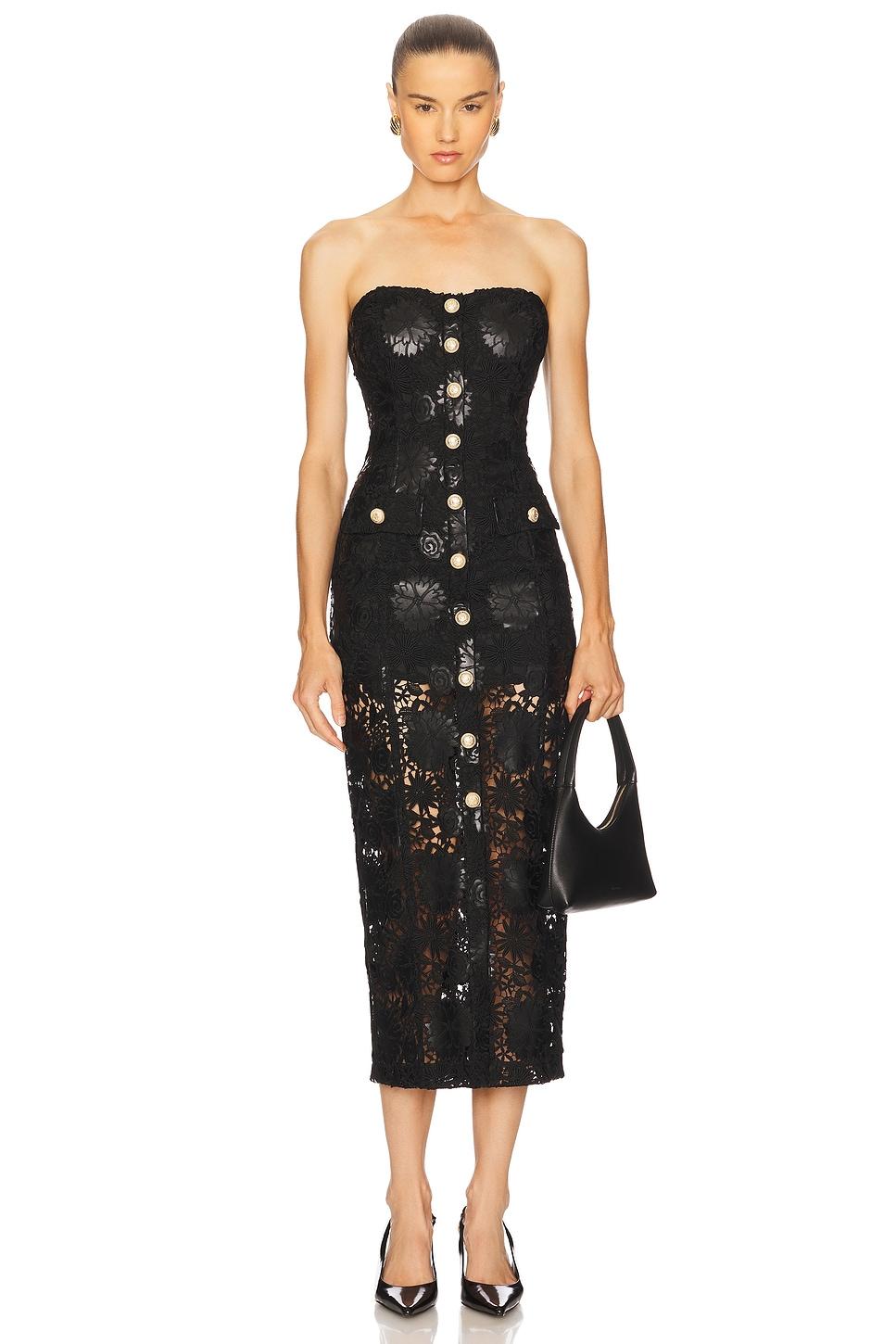 misha faux leather guipure midi dress