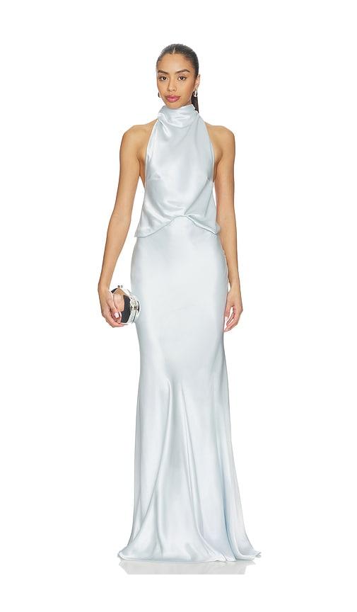 misha the cameron satin dress in baby blue.
