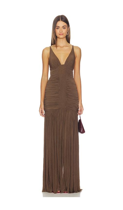 misha the inferno jersey maxi dress in brown.
