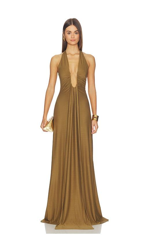 misha the jennifer cupro maxi dress in olive.