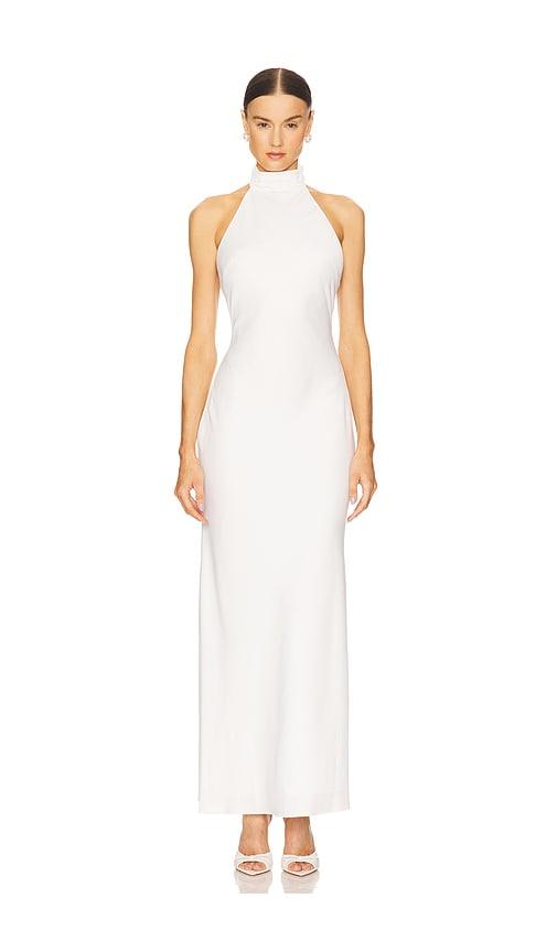 misha x revolve evianna satin gown in white.