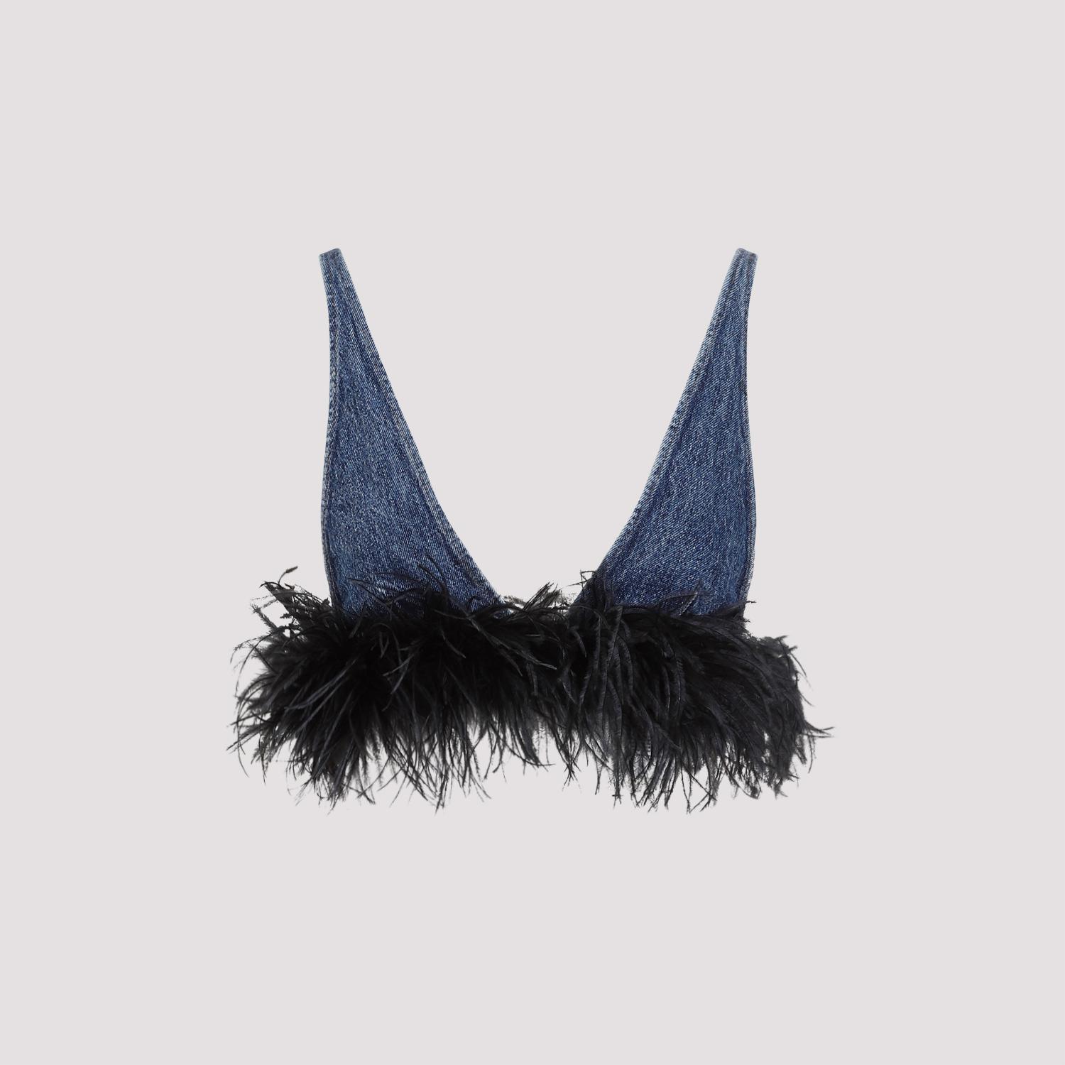 miu miu cotton top with feathers blue feather - women