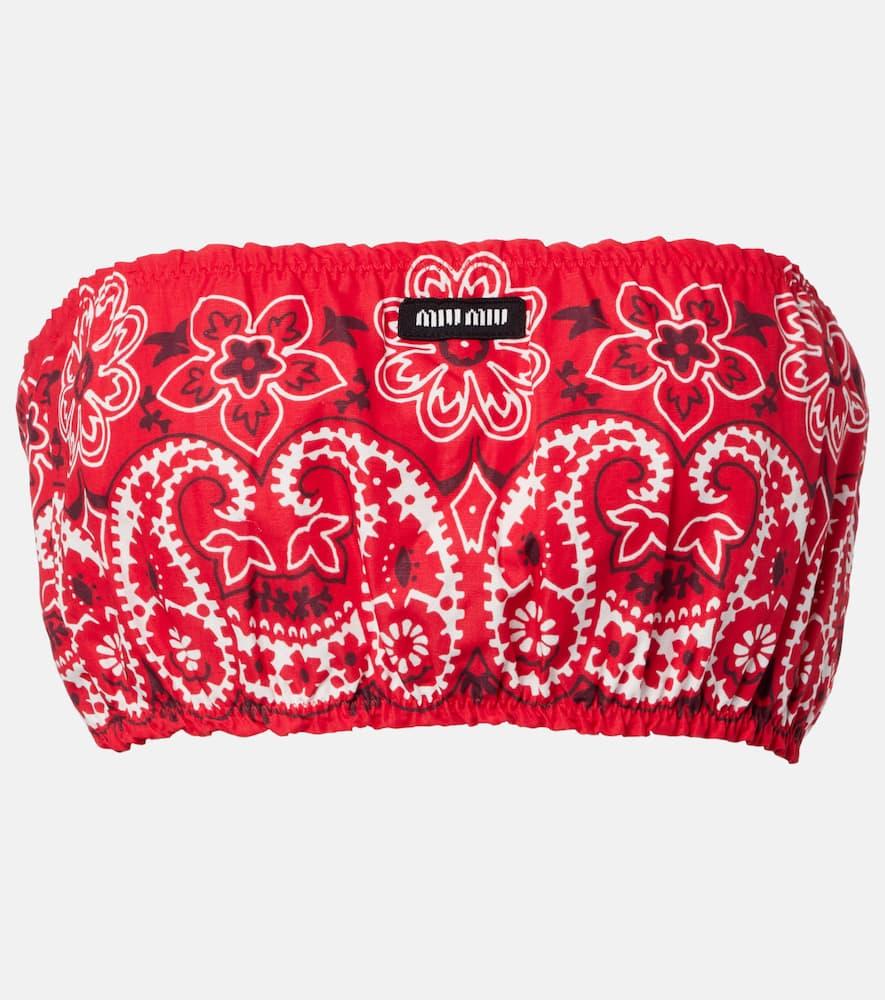 miu miu printed cotton and linen poplin bandeau top