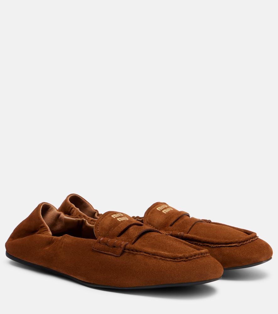 miu miu ruches logo suede loafers