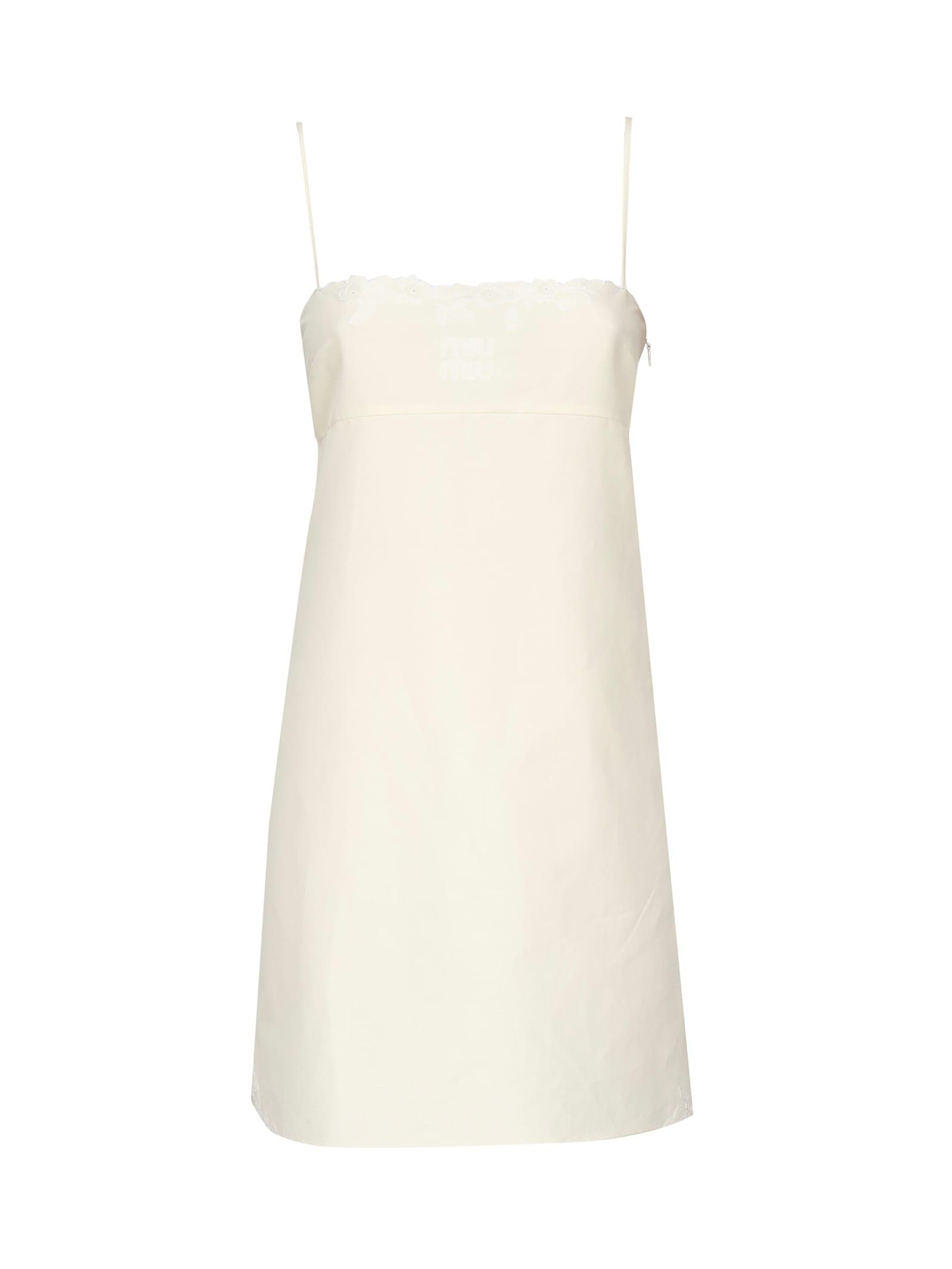 miu miu short dress in flamed canvas with embroidery
