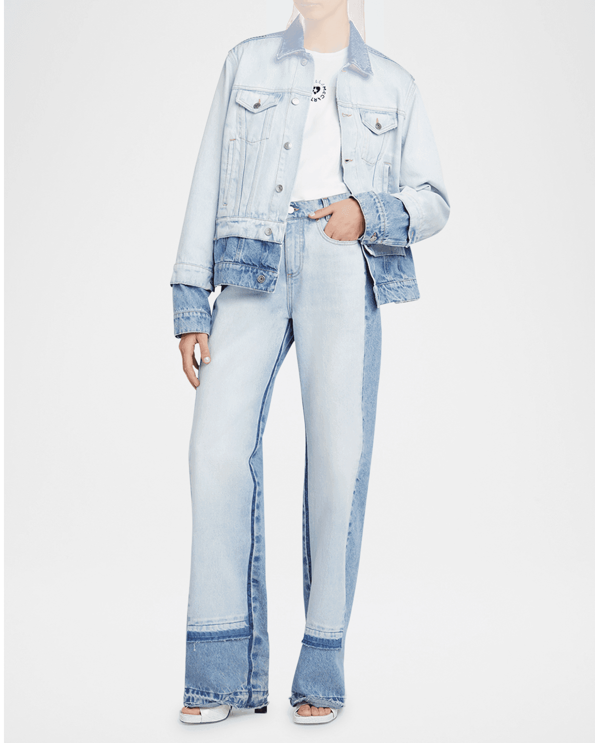 mixed denim wide-leg released-hem jeans