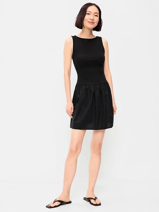 mixed media drop-waist mini dress