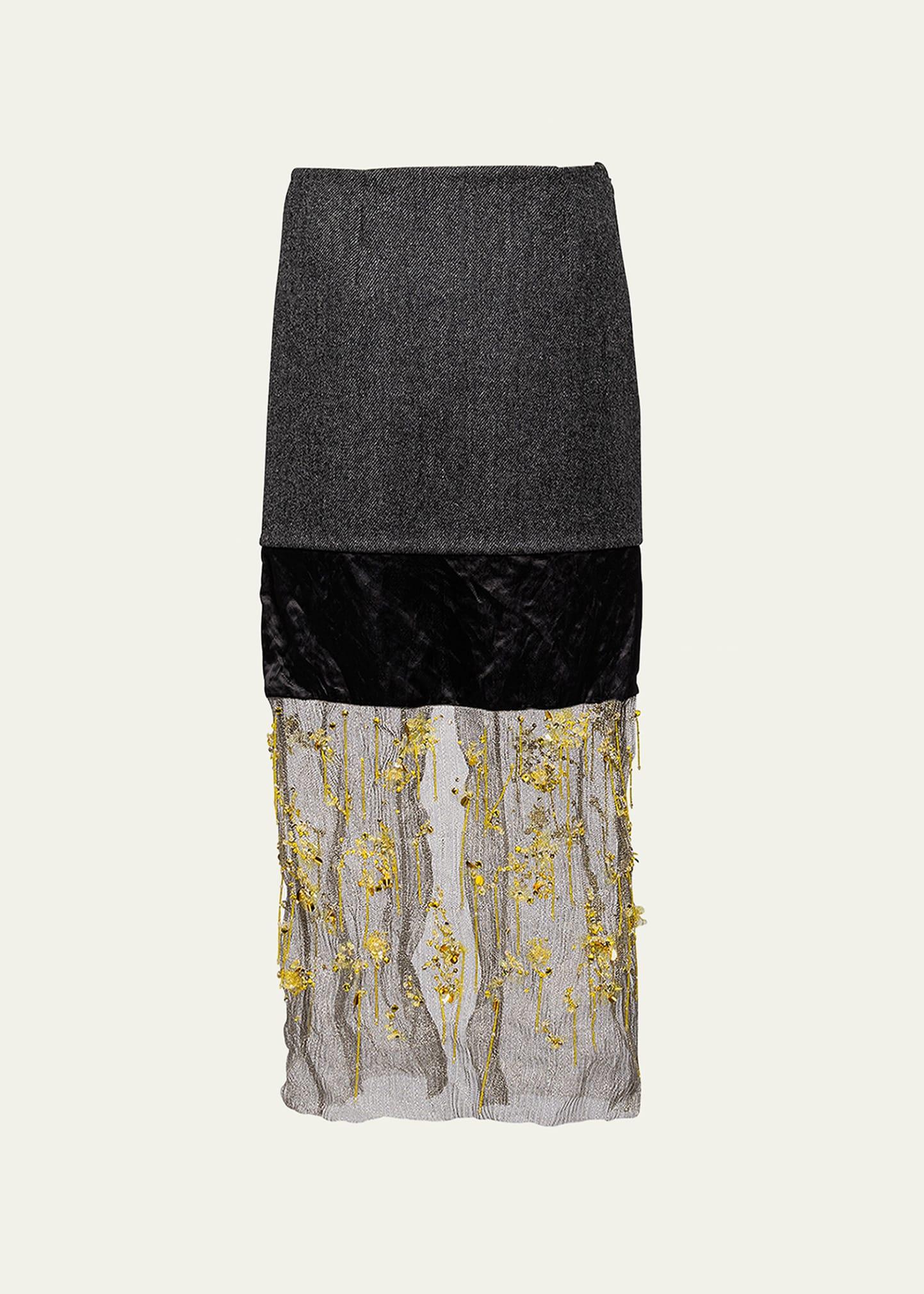mixed-media embellished midi skirt