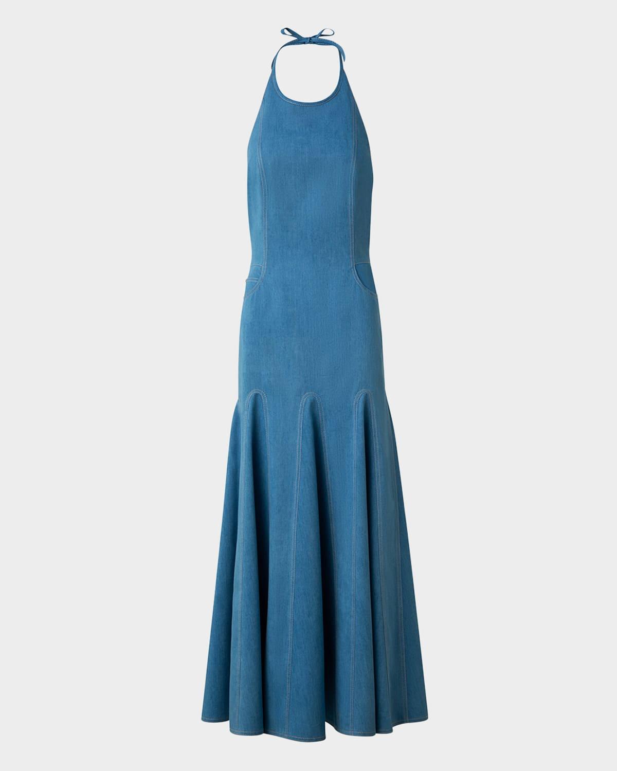 mixed-media halter pleated midi dress