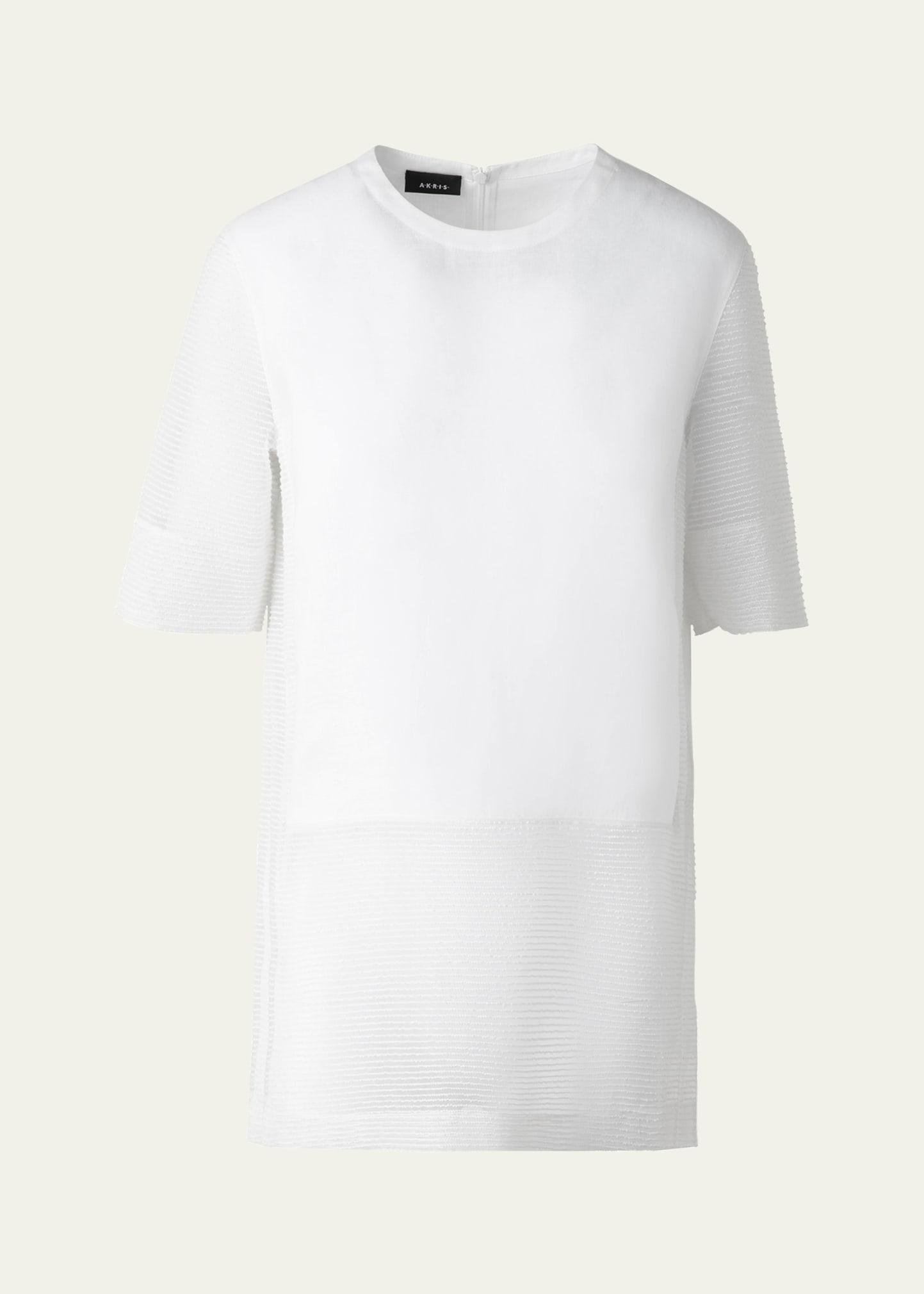 mixed-media linen striped organza short-sleeve blouse