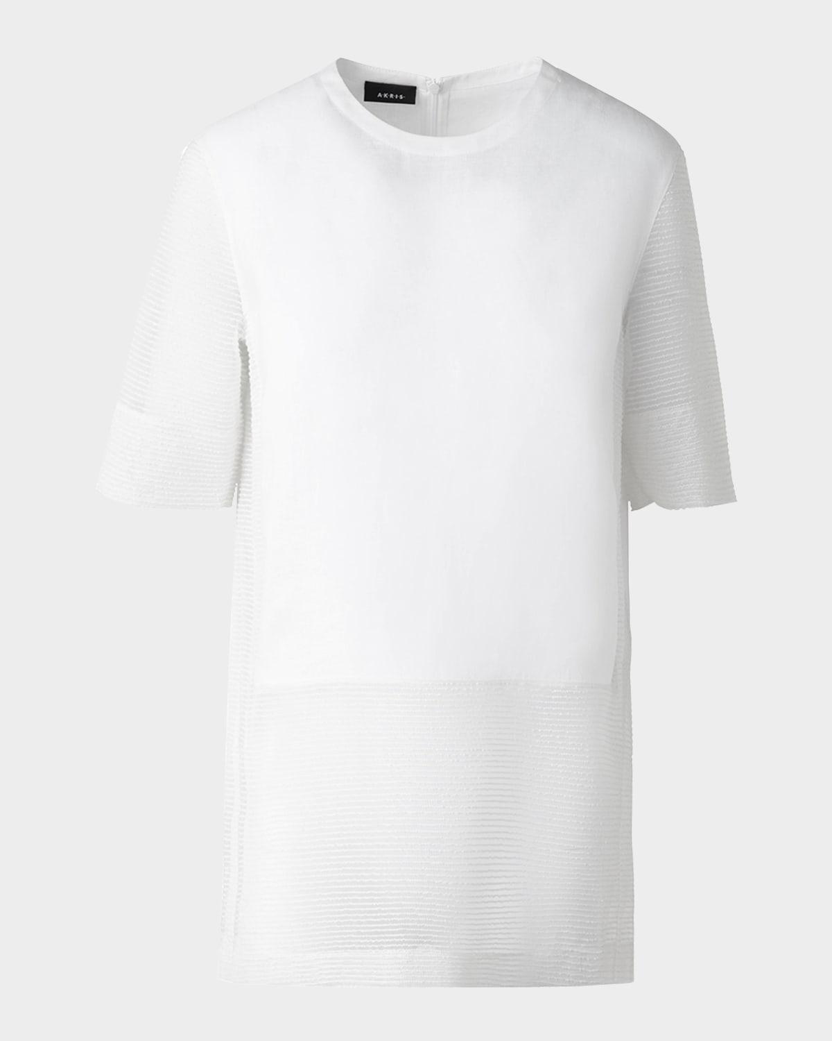 mixed-media linen striped organza short-sleeve blouse