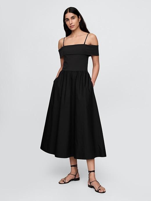 mixed media off-shoulder midi dress