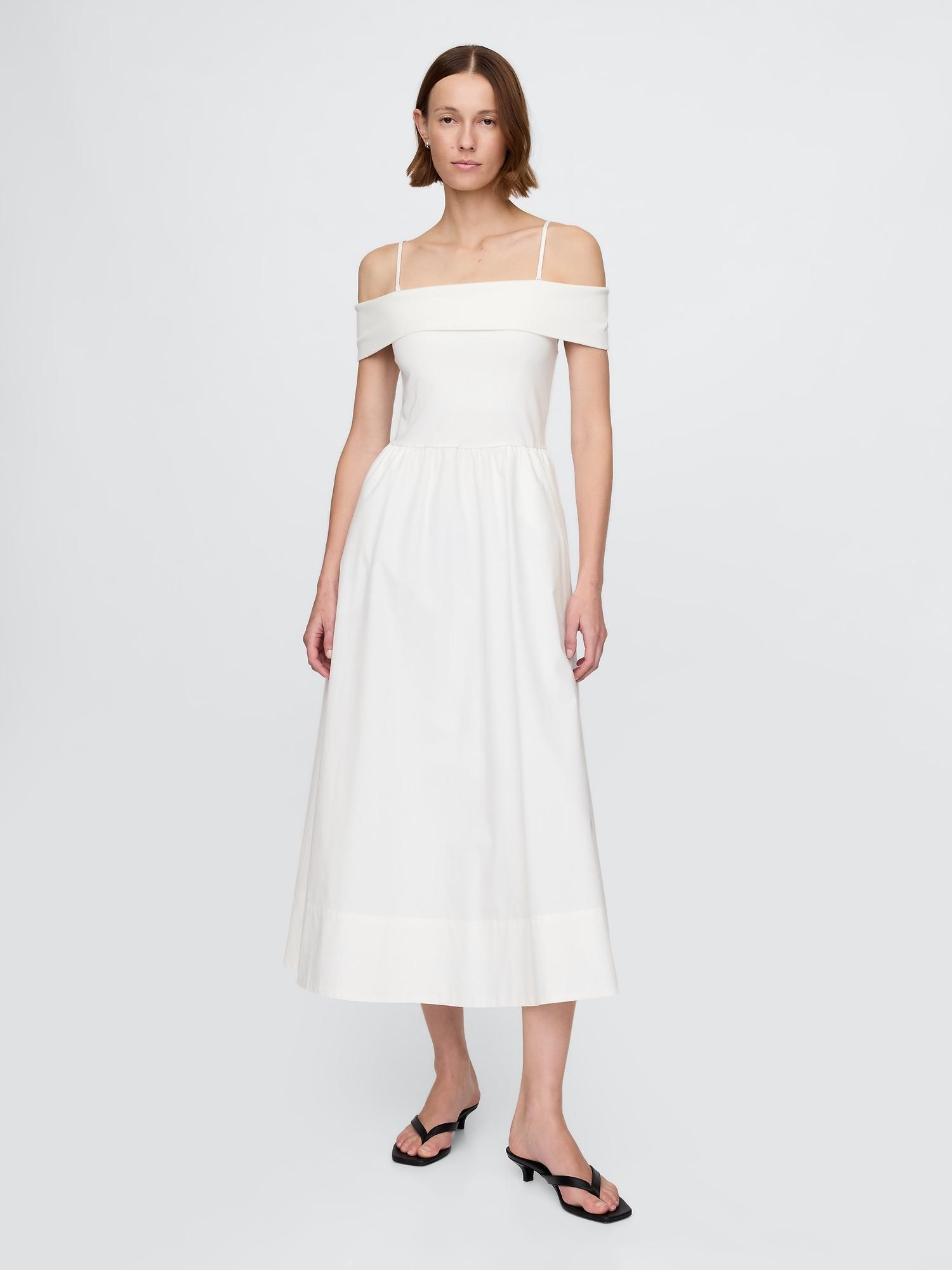 mixed media off-shoulder midi dress