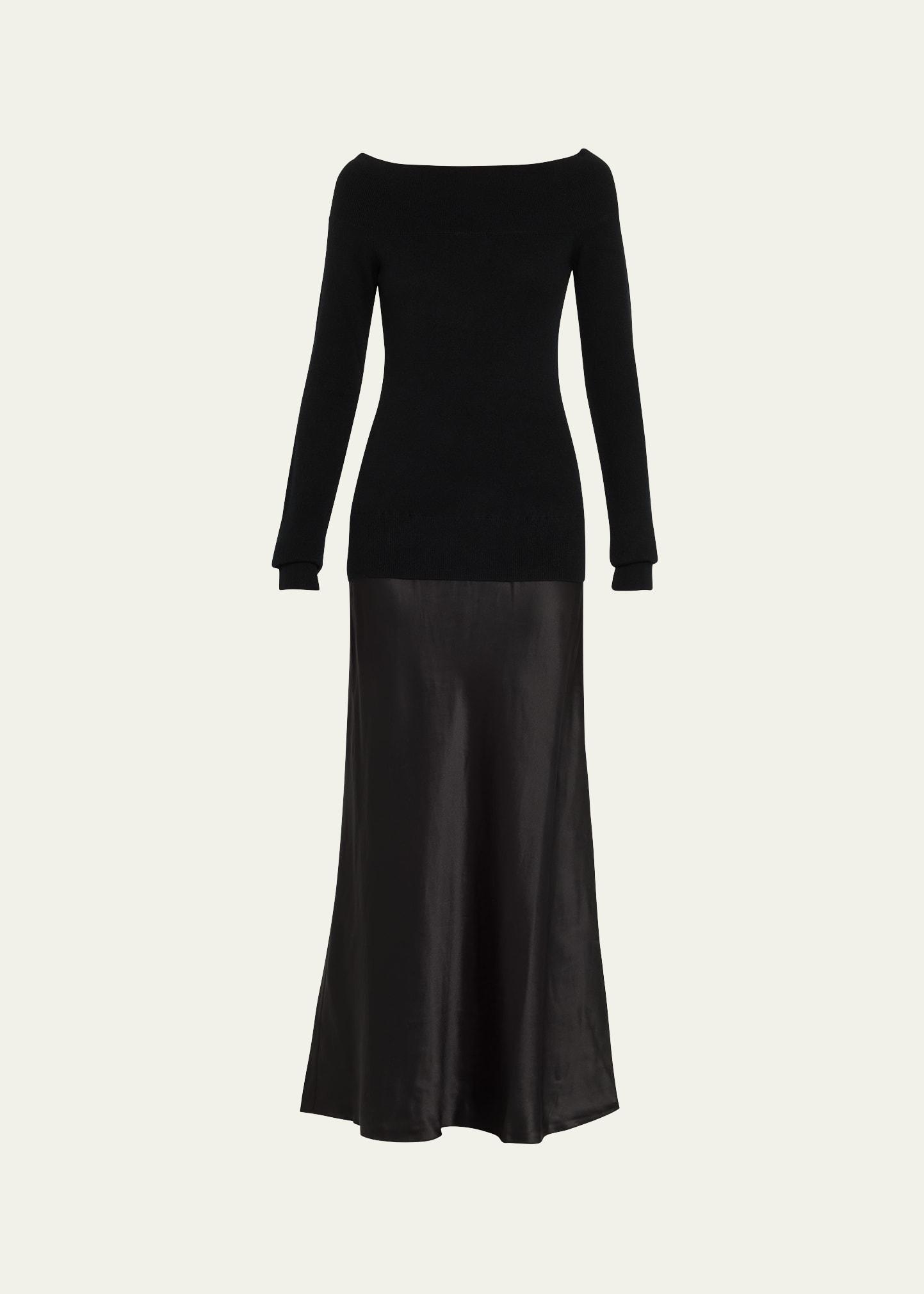 mixed-media off-the-shoulder cashmere monument midi dress