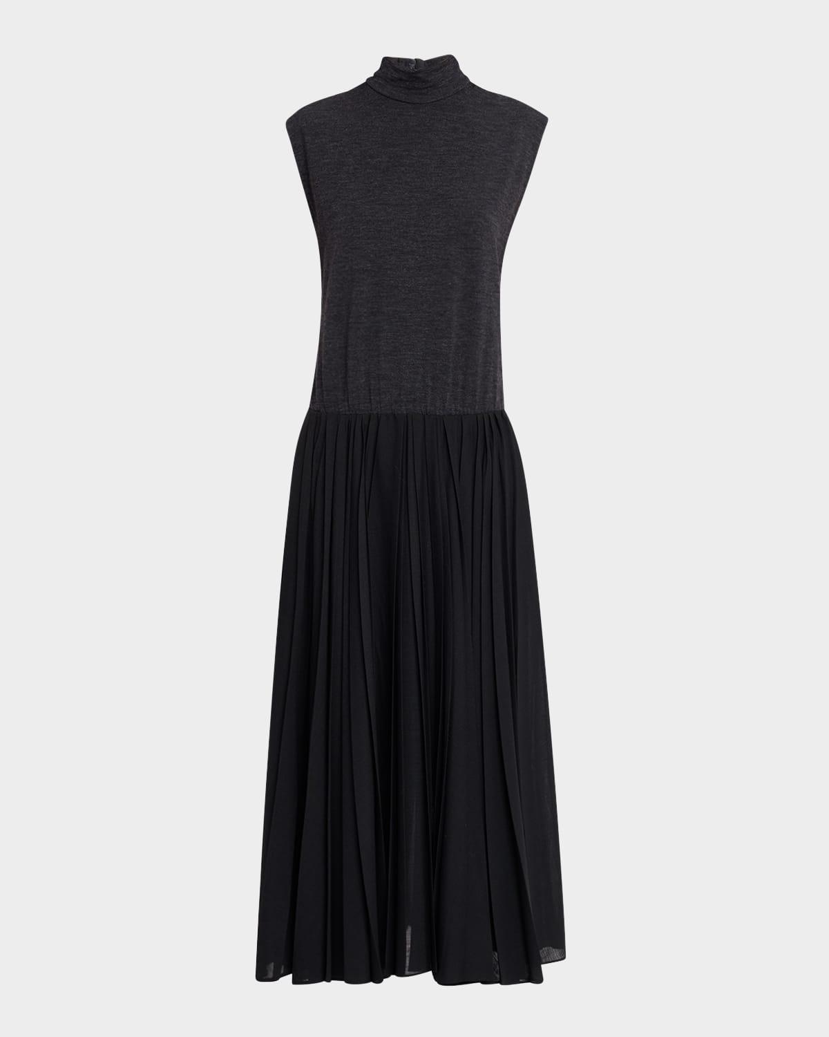 mixed-media pleated gauze midi t-shirt dress