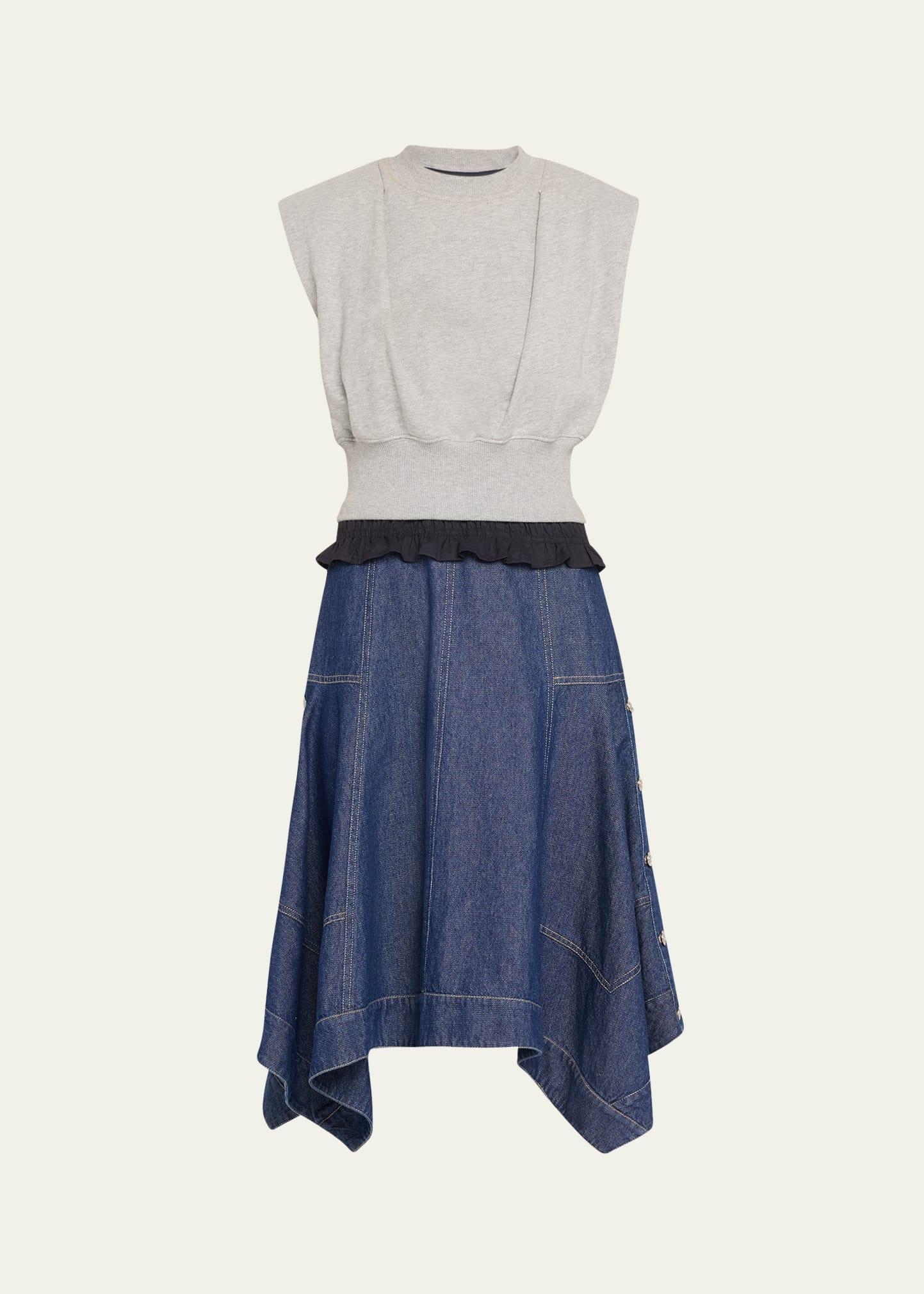 mixed-media sleeveless french terry midi dress