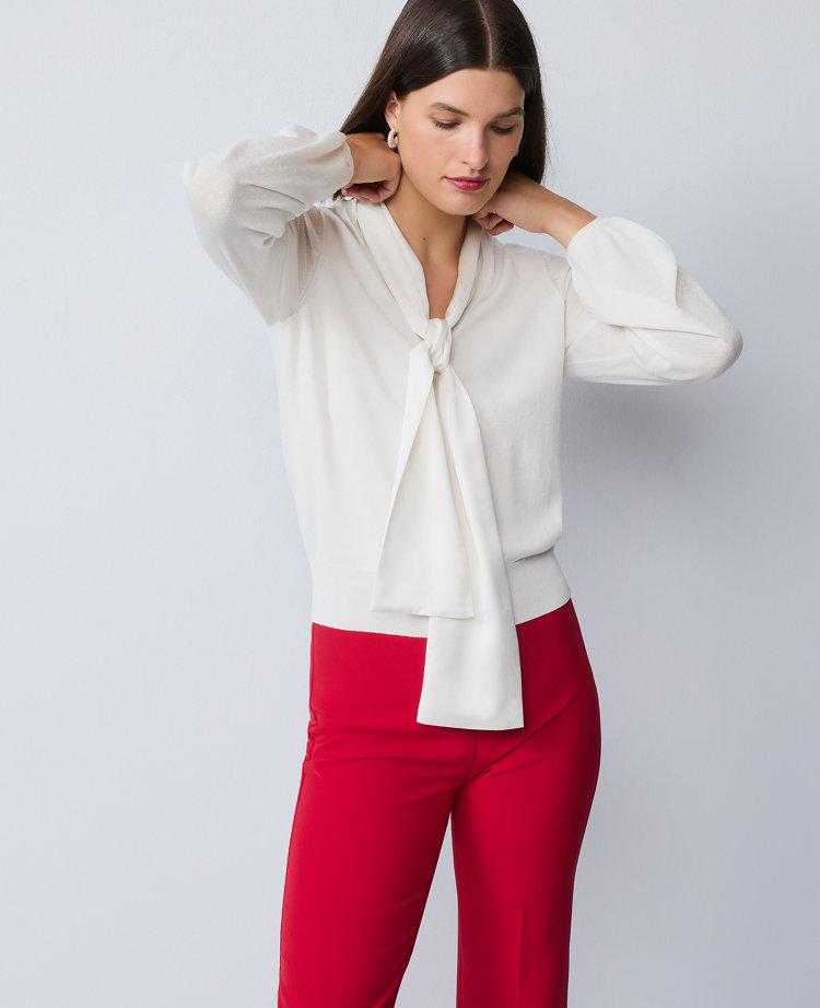 mixed media tie neck top