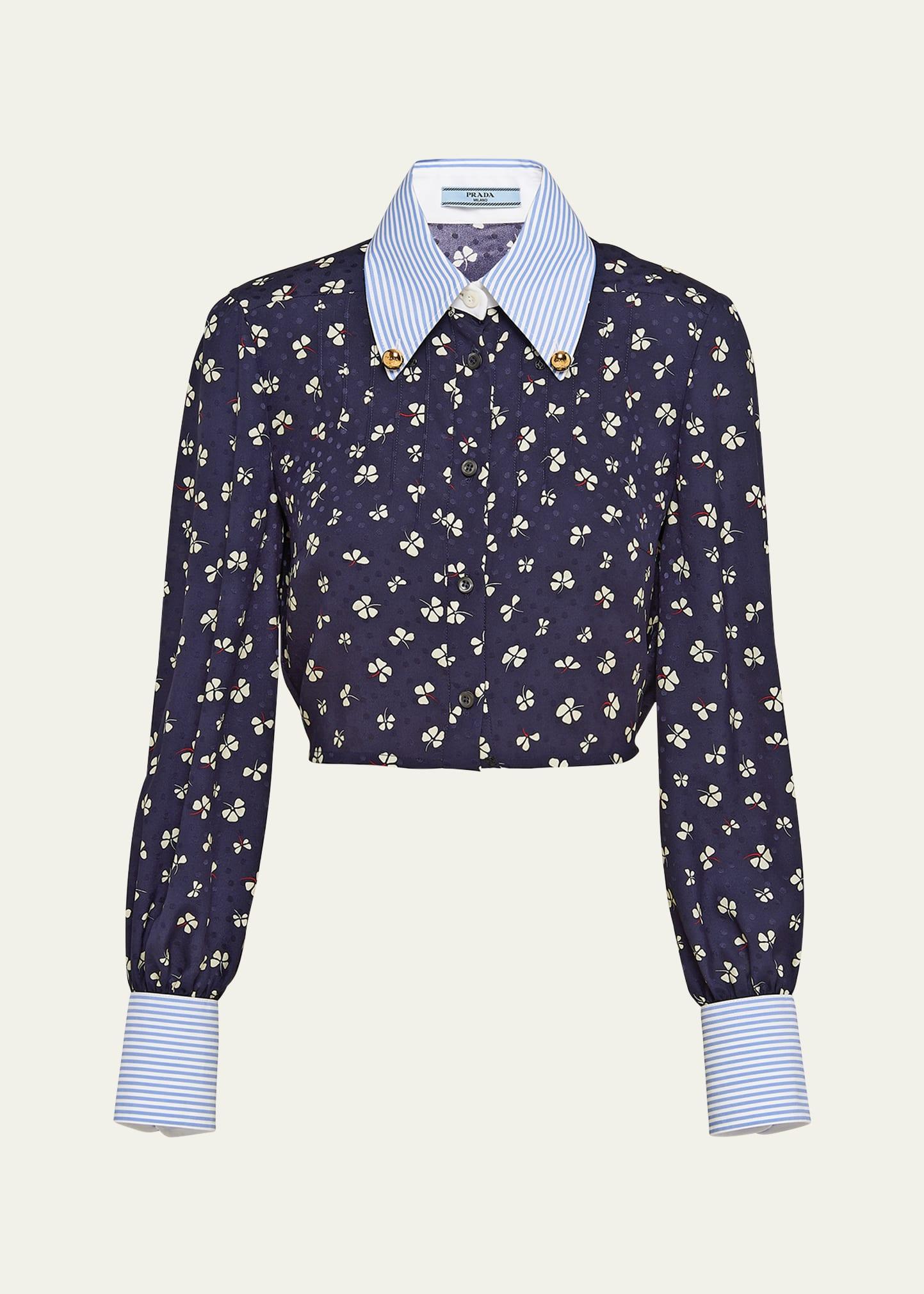 mixed-print crop button down silk shirt