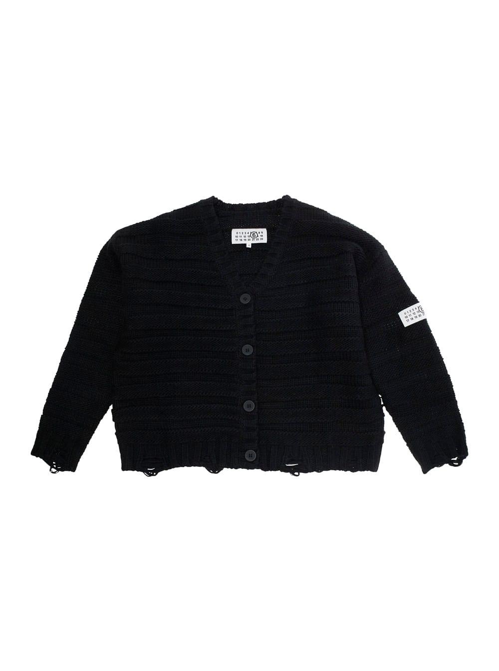mm6 maison margiela black cardigan with v neck and logo patch on the front in wool blend boy