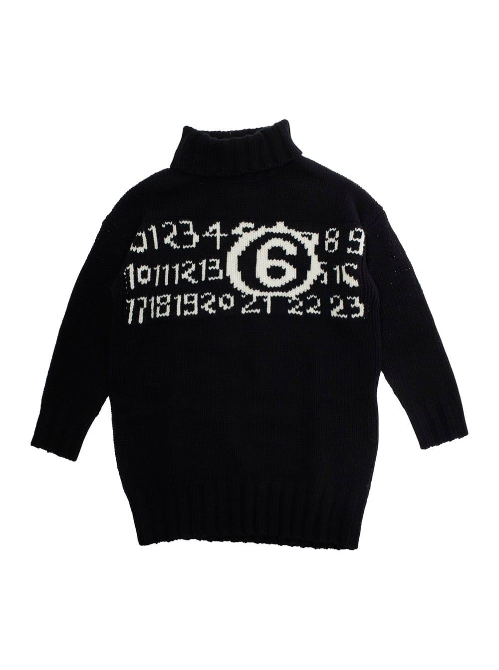 mm6 maison margiela black high-neck dress with maxi logo on the front in wool girl