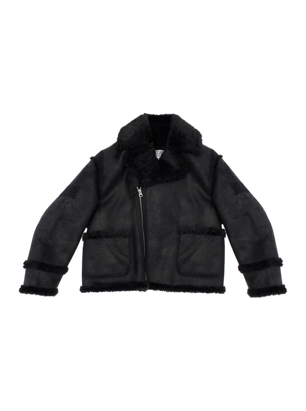 mm6 maison margiela black jacket with ecofur collar and logo patch on the sleeve in tech fabric girl