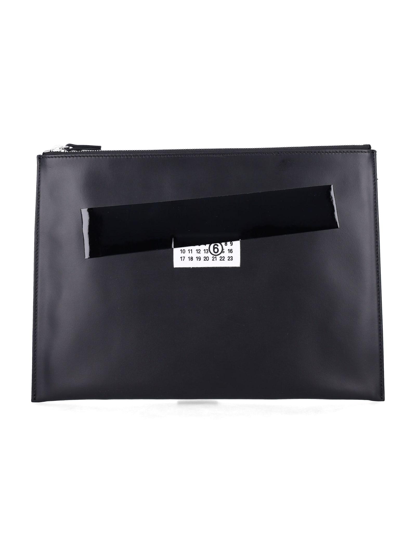 mm6 maison margiela black leather pouch with logo and tape detail