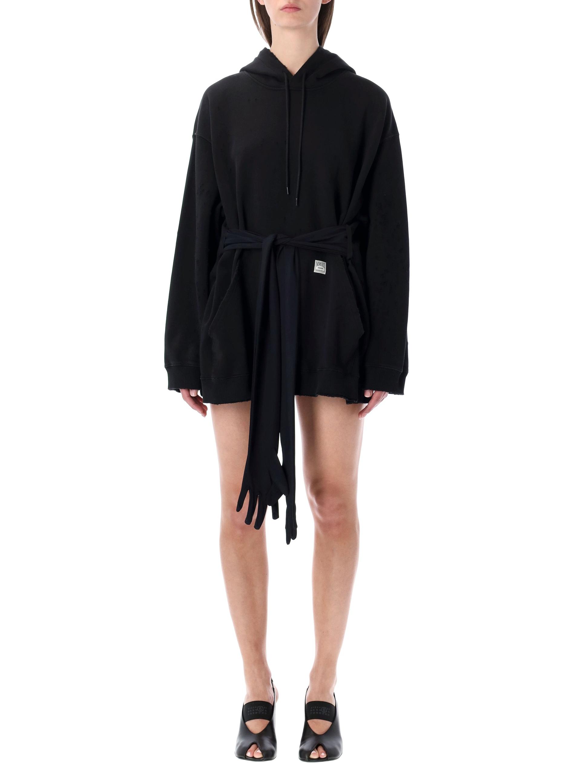 mm6 maison margiela hooded sweatdredd with gloves black cotton lining dress - women