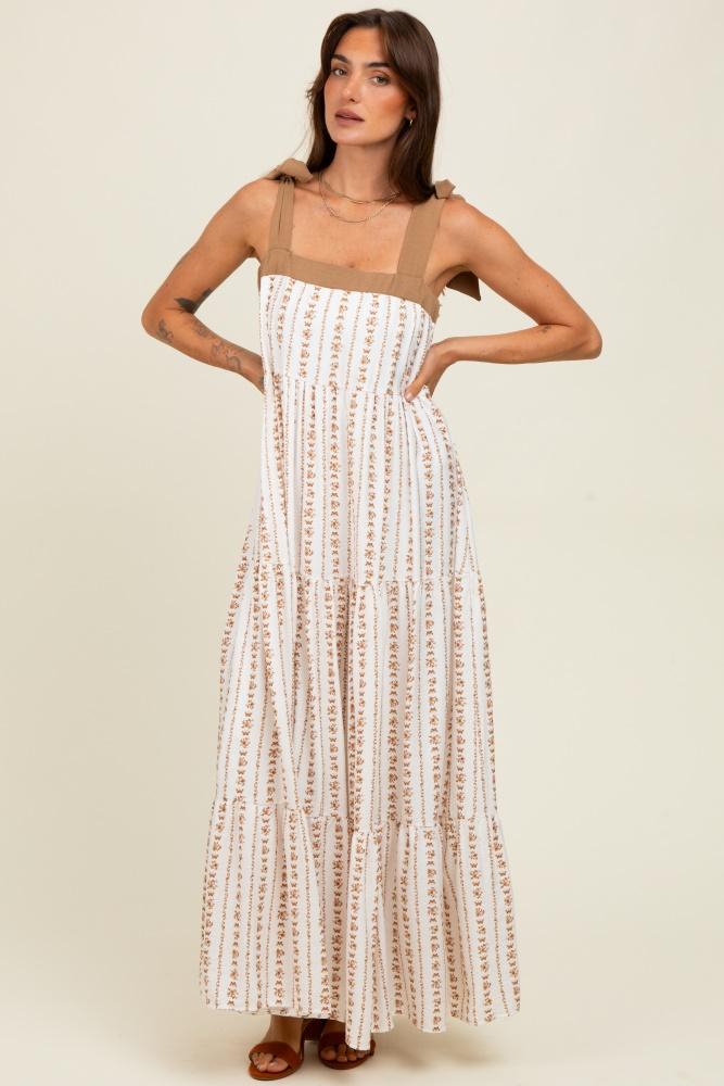 mocha/white ditzy floral sleeveless tiered maxi dress