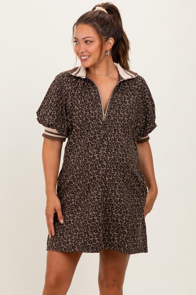 mocha animal print quarter zip puff sleeve maternity mini dress