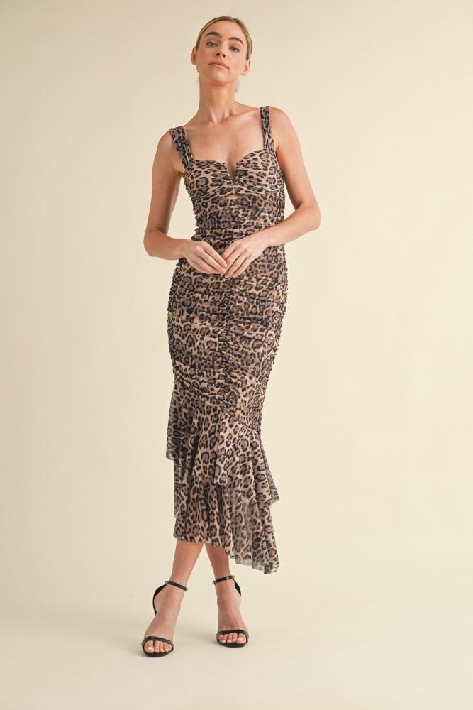 mocha animal print ruched mermaid midi dress