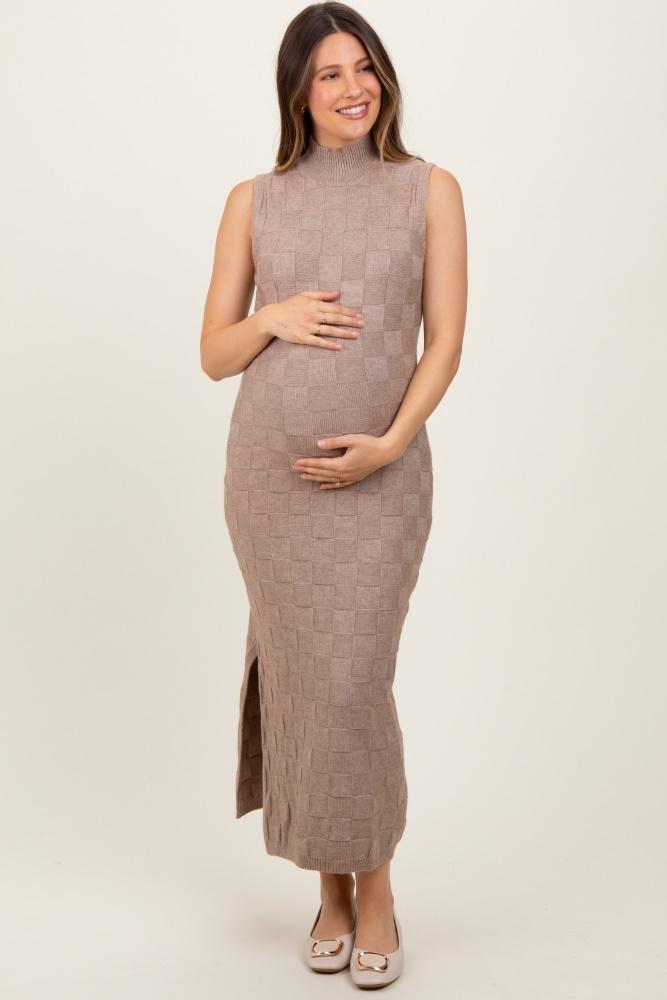 mocha checkered knit mock neck side slit maternity maxi dress