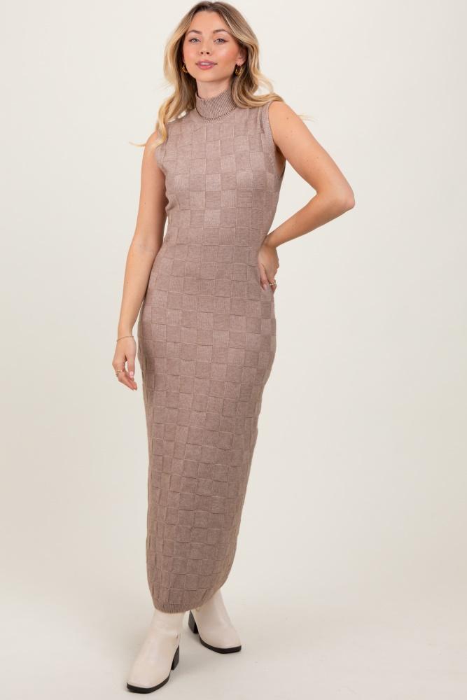 mocha checkered knit mock neck side slit maxi dress