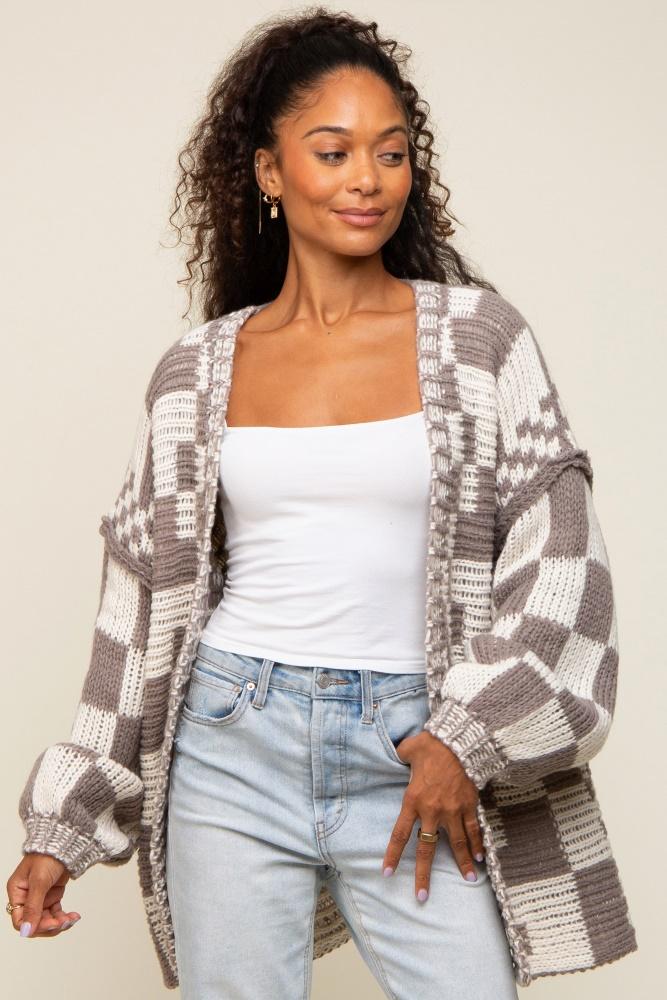 mocha checkered oversized chunky knit cardigan