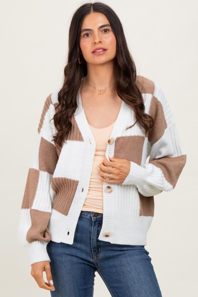 mocha checkered rib bubble sleeve button cardigan
