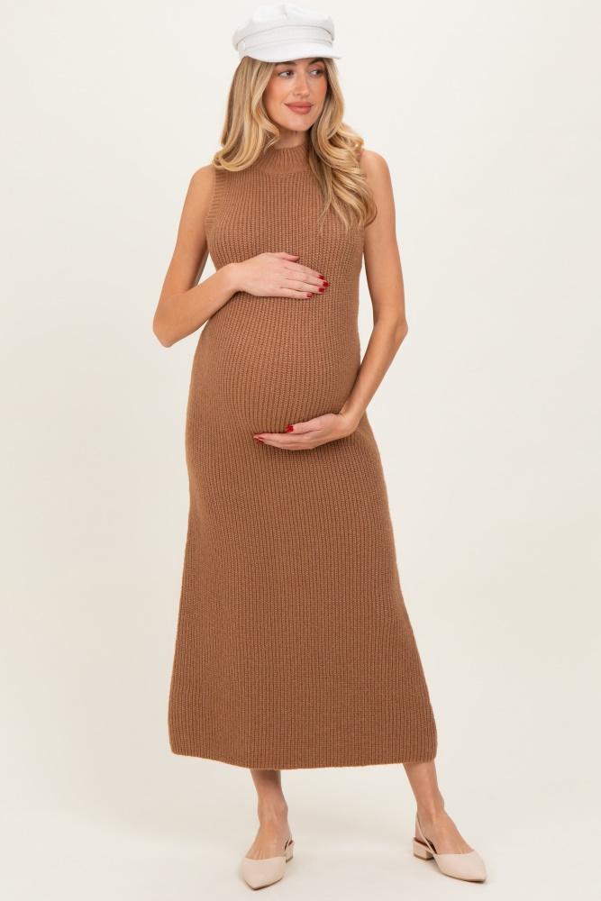 mocha chunky knit sleeveless maternity maxi dress
