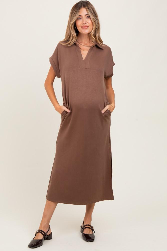 mocha collared short sleeve maternity midi dress