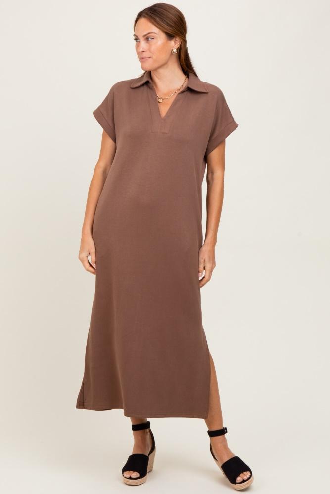 mocha collared short sleeve midi dress
